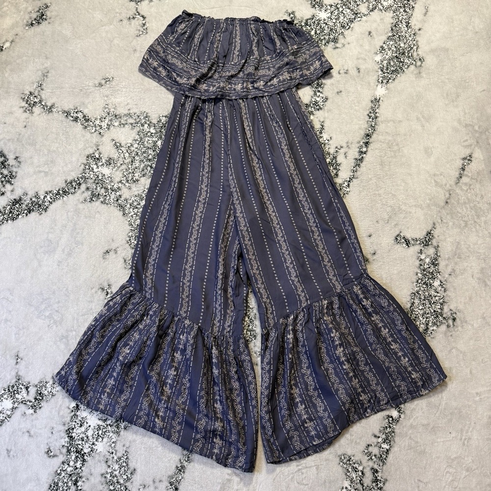 Japna Jumsuit Womens Size L Blue White Floral Stripe Print Wide Leg Romper Rayon